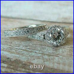 4Ct Round Cut Diamond Vintage Engagement Bridal Ring Set 14K White Gold Finish