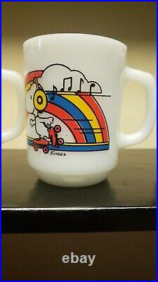4 Vintage Fire King Anchor Hocking Snoopy Milk Glass Mugs Skating, Pedal Power