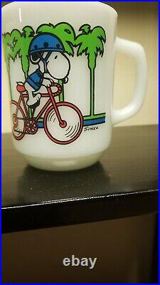 4 Vintage Fire King Anchor Hocking Snoopy Milk Glass Mugs Skating, Pedal Power
