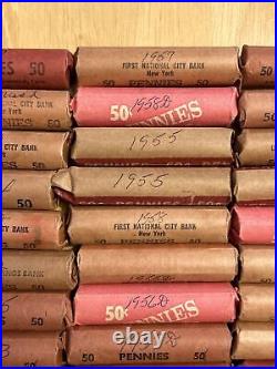 5000 Lincoln Wheat Cents Pennies 1934-1958 $50 All Rolled With Dates 1c