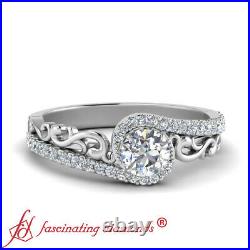 75 Carat Round Cut Diamond Filigree Bypass Halo Engagement Ring In White Gold