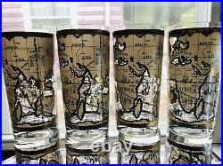 8 Cera World Map Highball Beer Glass 22K Gold Barware Mid Century Regency Mode