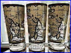 8 Cera World Map Highball Beer Glass 22K Gold Barware Mid Century Regency Mode