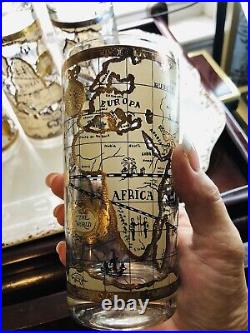 8 Cera World Map Highball Beer Glass 22K Gold Barware Mid Century Regency Mode