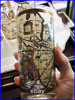 8 Cera World Map Highball Beer Glass 22K Gold Barware Mid Century Regency Mode