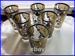 8 Cera World Map Highball Beer Glass 22K Gold Barware Mid Century Regency Mode