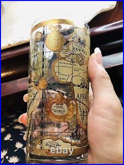 8 Cera World Map Highball Beer Glass 22K Gold Barware Mid Century Regency Mode