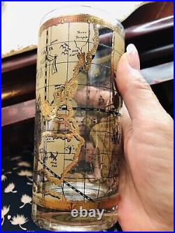 8 Cera World Map Highball Beer Glass 22K Gold Barware Mid Century Regency Mode