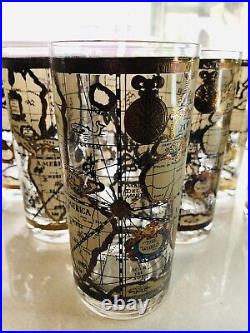 8 Cera World Map Highball Beer Glass 22K Gold Barware Mid Century Regency Mode