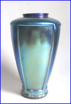 ANTIQUE 7 BLUE AURENE IRIDESCENT DECO ART GLASS VASE STEUBEN ERA 1920s VTG