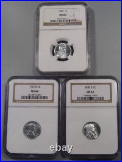 All 3 Mints BU GEM 1943 Steel Lincoln Penny Cents P-D-S NGC MS66. #2