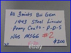 All 3 Mints BU GEM 1943 Steel Lincoln Penny Cents P-D-S NGC MS66. #2
