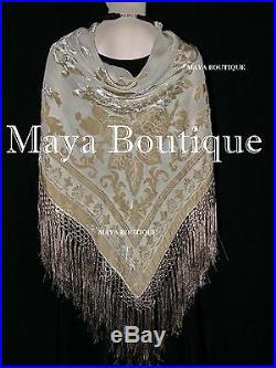 Beige Silk Burnout Velvet Piano Shawl Fringe Wrap Scarf Hand Dyed Maya Matazaro