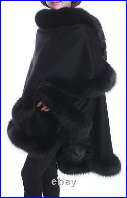 Black Cashmere cape with Fox fur Collar Trim all around one size for all new