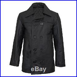 Black Leather US Navy Pea Coat WW2 Military Overcoat Jacket Quilted All Sizes
