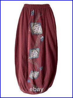 Blue Fish Clothing Size 1 Skirt Long Burgundy Cotton Knit Bubble Hem Art Print
