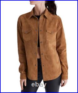 Casual Western Brown Real Suede Leather Shirt Womens Formal Style Leather Jacket