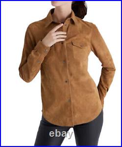 Casual Western Brown Real Suede Leather Shirt Womens Formal Style Leather Jacket