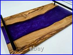 Charcuterie serving board tray OLIVE WOOD with Purple haze Epoxy Inlay with handles