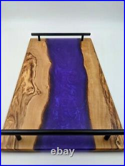 Charcuterie serving board tray OLIVE WOOD with Purple haze Epoxy Inlay with handles