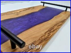 Charcuterie serving board tray OLIVE WOOD with Purple haze Epoxy Inlay with handles