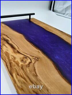 Charcuterie serving board tray OLIVE WOOD with Purple haze Epoxy Inlay with handles