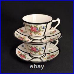 Crown Staffordshire 2 Sets Cup & Saucer Floral Panels Bold Black Trim 1915-1930