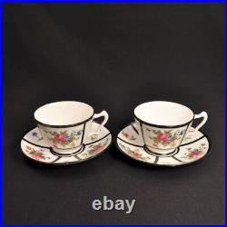 Crown Staffordshire 2 Sets Cup & Saucer Floral Panels Bold Black Trim 1915-1930