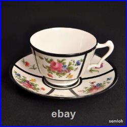 Crown Staffordshire 2 Sets Cup & Saucer Floral Panels Bold Black Trim 1915-1930