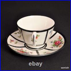 Crown Staffordshire 2 Sets Cup & Saucer Floral Panels Bold Black Trim 1915-1930