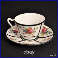 Crown Staffordshire 2 Sets Cup & Saucer Floral Panels Bold Black Trim 1915-1930