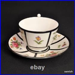 Crown Staffordshire 2 Sets Cup & Saucer Floral Panels Bold Black Trim 1915-1930