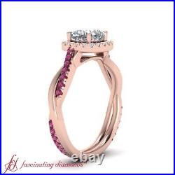 Cushion Cut Diamond And Pink Sapphire Halo Engagement Ring In Rose Gold 1.15 Ctw