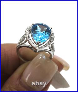 Ema 14K Solid White Gold Pear Shape Blue Topaz & Natural Diamond Ring Sz 6.5