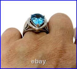 Ema 14K Solid White Gold Pear Shape Blue Topaz & Natural Diamond Ring Sz 6.5