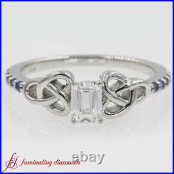 Emerald Cut Diamond And Round Sapphire Petite Celtic Engagement Ring 0.65 Carat