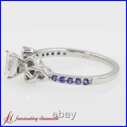 Emerald Cut Diamond And Round Sapphire Petite Celtic Engagement Ring 0.65 Carat