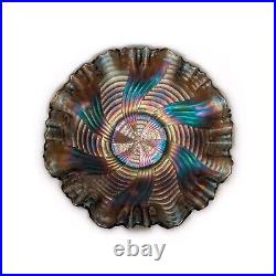 FENTON Bowl Ribbon Tie Design Edge Iridescent Blue Carnival Glass Vintage Dish