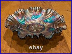 FENTON Bowl Ribbon Tie Design Edge Iridescent Blue Carnival Glass Vintage Dish