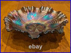 FENTON Bowl Ribbon Tie Design Edge Iridescent Blue Carnival Glass Vintage Dish