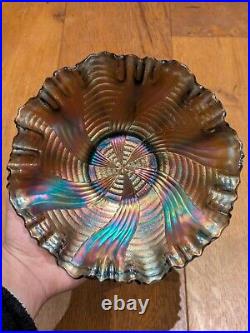 FENTON Bowl Ribbon Tie Design Edge Iridescent Blue Carnival Glass Vintage Dish