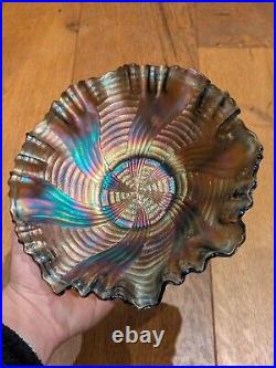 FENTON Bowl Ribbon Tie Design Edge Iridescent Blue Carnival Glass Vintage Dish