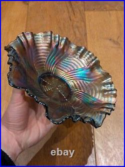 FENTON Bowl Ribbon Tie Design Edge Iridescent Blue Carnival Glass Vintage Dish