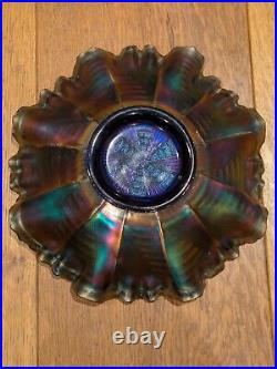 FENTON Bowl Ribbon Tie Design Edge Iridescent Blue Carnival Glass Vintage Dish