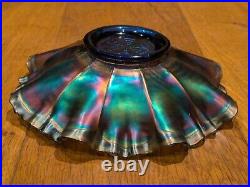 FENTON Bowl Ribbon Tie Design Edge Iridescent Blue Carnival Glass Vintage Dish