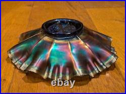 FENTON Bowl Ribbon Tie Design Edge Iridescent Blue Carnival Glass Vintage Dish