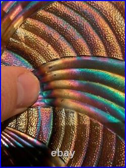 FENTON Bowl Ribbon Tie Design Edge Iridescent Blue Carnival Glass Vintage Dish