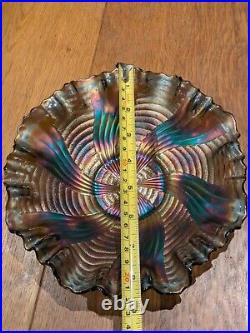 FENTON Bowl Ribbon Tie Design Edge Iridescent Blue Carnival Glass Vintage Dish