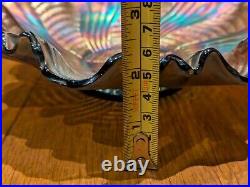 FENTON Bowl Ribbon Tie Design Edge Iridescent Blue Carnival Glass Vintage Dish