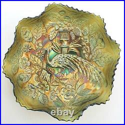 Fenton Peacock and Urn Carnival Glass Bowl Green Iridescent Antique Decorative